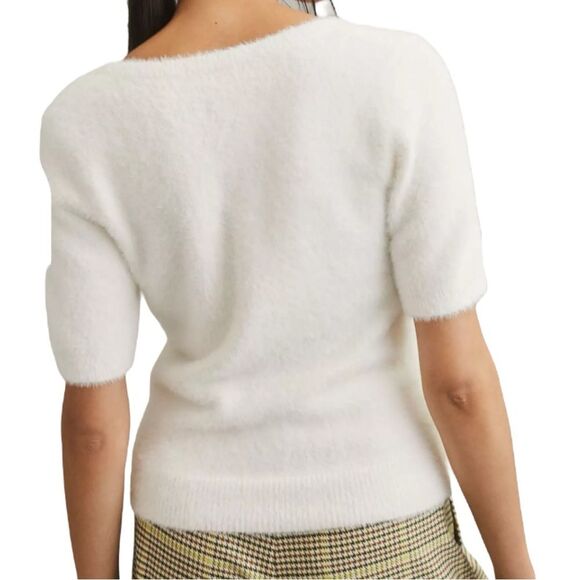 Maeve Eyelash Knit Sweater Tee White Scoop Neck Short Sleeve Top XL - Picture 1 of 8